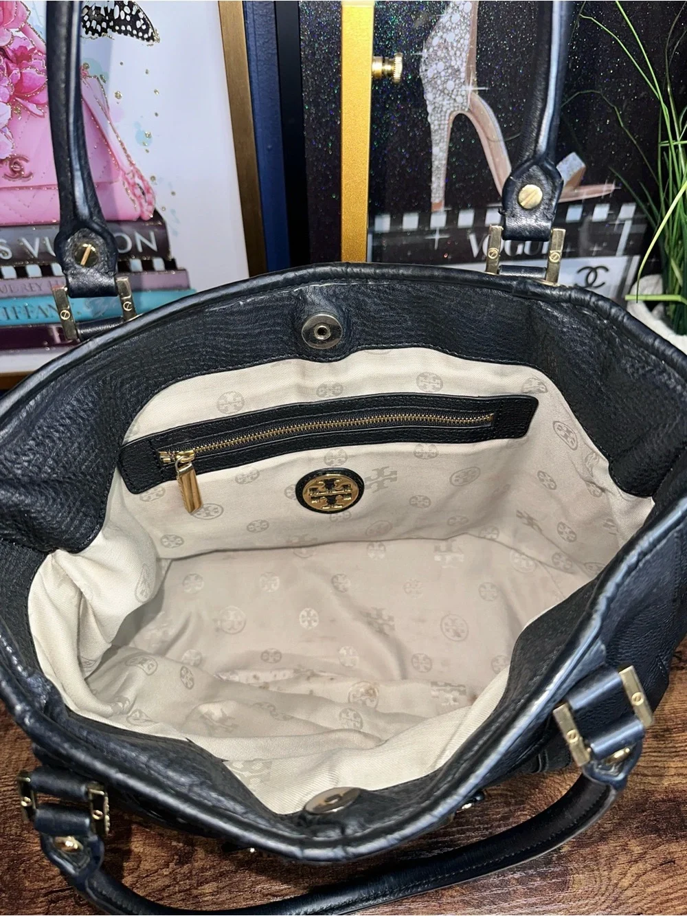 Tory Burch Black Pebbled Leather Amanda Tote Shoulder Bag